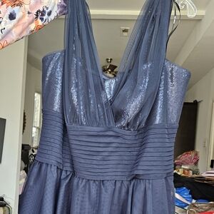 Tadashi Shoji Navy Strapless Sequin-Trimmed Sheer Overlay Gown